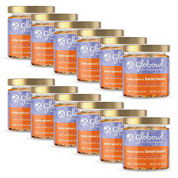 Globowl Stage 3 Baby Food & Toddler Meals, 6+ Months Early Allergen Introduction, Baby Led Weaning, International Whole Food Snacks For Toddlers, Babies, 4Oz Glass Jar, Baby Spice'S Bean Bowl, 12-Pack