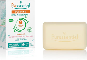 Puressentiel Purifying Extra-Rich Soap Bar 100Gr - Face, Hands And Body - Suitable For Dry, Sensitive Skin - Cleanses And Protects - Vegan - 3 Organic Essential Oils
