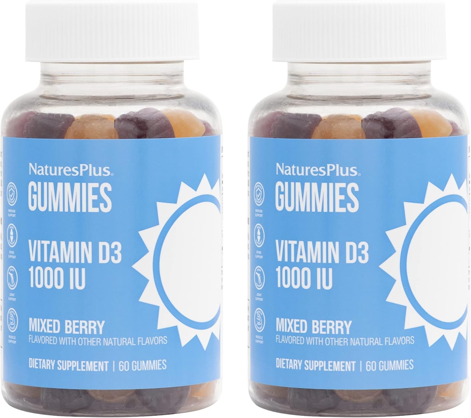 Natures Plus Gummies Vitamin D3 1000 Iu, Mixed Berry - 60 Gummies, Pack Of 2 - Promotes Bone Health & Immune Function - Vegan, Gluten Free, Non-Gmo - 120 Total Servings