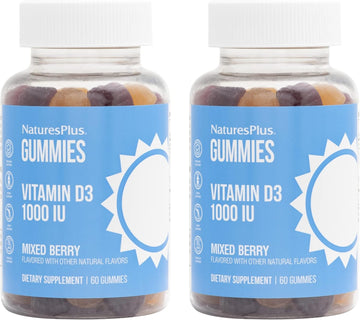 Natures Plus Gummies Vitamin D3 1000 Iu, Mixed Berry - 60 Gummies, Pack Of 2 - Promotes Bone Health & Immune Function - Vegan, Gluten Free, Non-Gmo - 120 Total Servings
