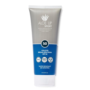 Aloe Up Sport Sunscreen Lotion SPF 50 - Broad Spectrum UVA/UVB Sunscreen Protector for Face and Body - With Hydrating Aloe Vera Gel - Non-Greasy - No White Cast - Reef Safe - Fragrance-Free - 6 Oz