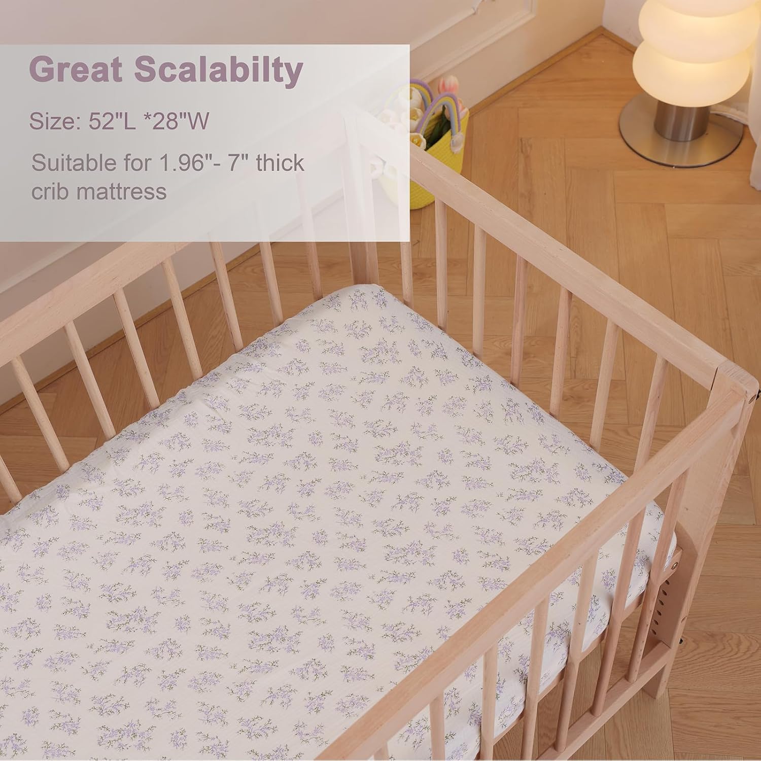 Zdolmy Muslin Crib Sheets For Girl Boy, 2 Pack 100% Cotton Crib Sheet For Standard Crib Mattress(28"X 52"), Fitted And Soft Breathable Crib Mattress Sheet, 360° Wrapping (Blossom & Purple)