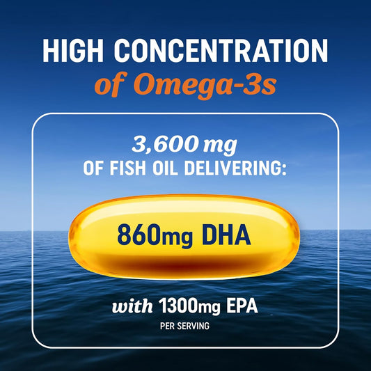 Triple Strength Omega 3 Fish Oil 3600 Mg | Epa & Dha | Over 2100Mg Omega-3 Fatty Acids | 1300Mg Epa + 860Mg Dha | Best Essential Fatty Acids | Premium Wild Caught & Burpless Fish Oil | 180 Ct