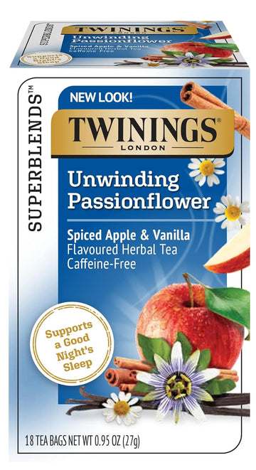 Twinings Superblends Unwind Passionflower Spiced Apple & Vanilla Flavoured Wellness Tea Caffeine-Free, 18 Tea Bags (Pack Of 6), Enjoy Hot Or Iced