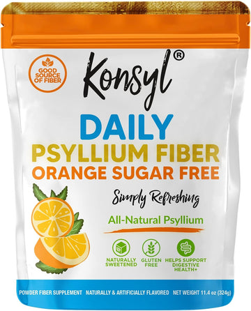 Konsyl Daily Psyllium Fiber -Orange Flavor- 100% Natural Psyllium Husk Powder - Sugar Free & Gluten Free - 11.4oz / 324g