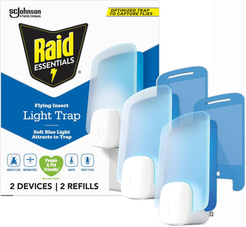 Raid Essentials Flying Insect Light Trap Starter Kit, 2 Plug-In Devices + 2 Cartridges, Featuring Light Powered Attraction