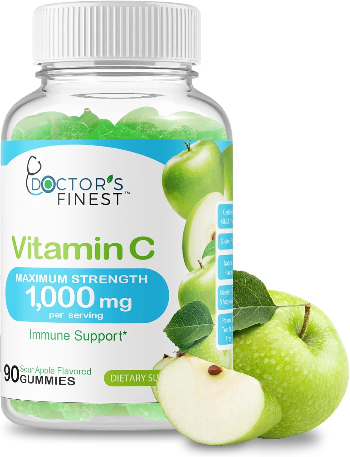 Vitamin C 1000Mg Gummies, Maximum Strength, Vegan, Gmo-Free Gluten Free, Great Taste Natural Sour Apple Flavor Gummy Vitamins, Immune Support Dietary Supplement, For Adults, 90 Gummies