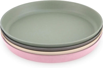 WeeSprout Bamboo Plates, Set of 4, Kid-Sized Bamboo Kids Plates, Dishwasher Safe Bamboo Plates for Kids (Pink, Green, Gray, & Beige)