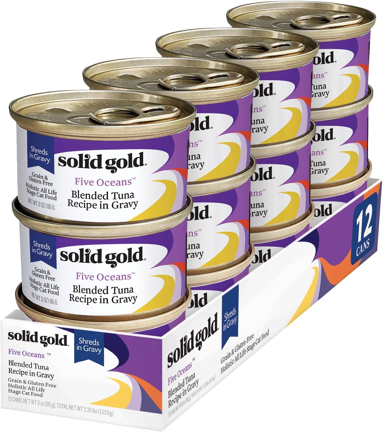 Solid Gold Wet Cat Food Shreds In Gravy - Canned Cat Food Made W/Real Tuna - Five Oceans Grain Free - 12Ct/3Oz Can