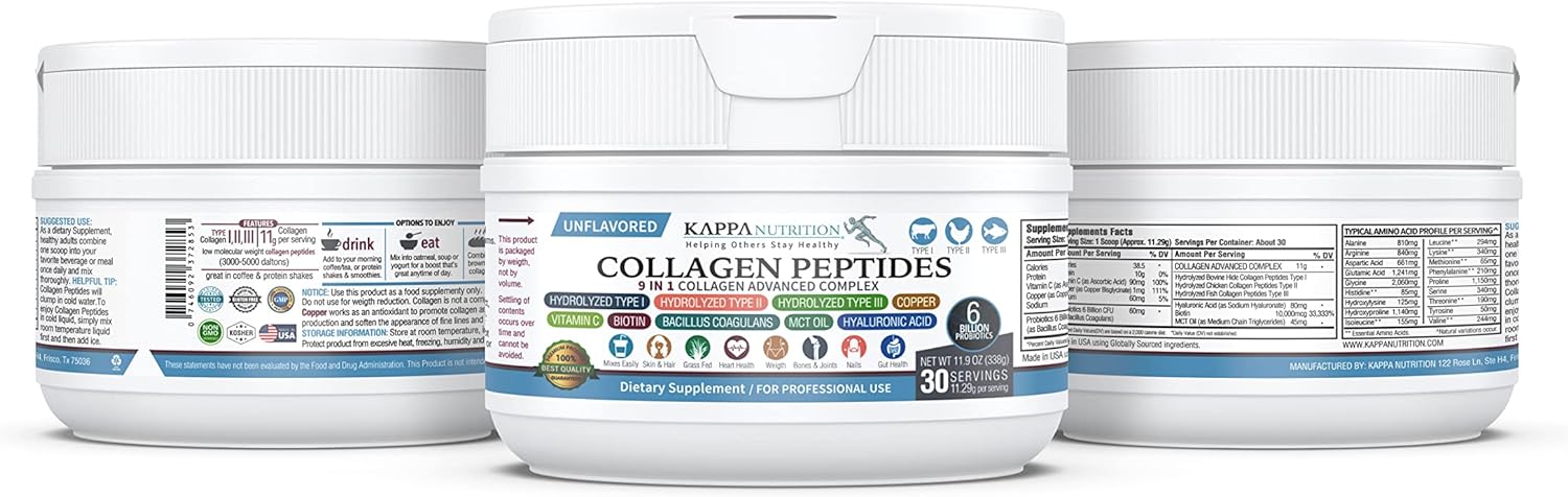KAPPA NUTRITION (11.9oz) Collagen Type I, II, III, 6 Billion Probiotic Acid Resistance, Hyaluronic Acid, Vitamin C, Biotin, Copper and MCT Oil, Beautiful Hair, Nails, & Skin, Collagen Peptides 9 in 1 : Health & Household