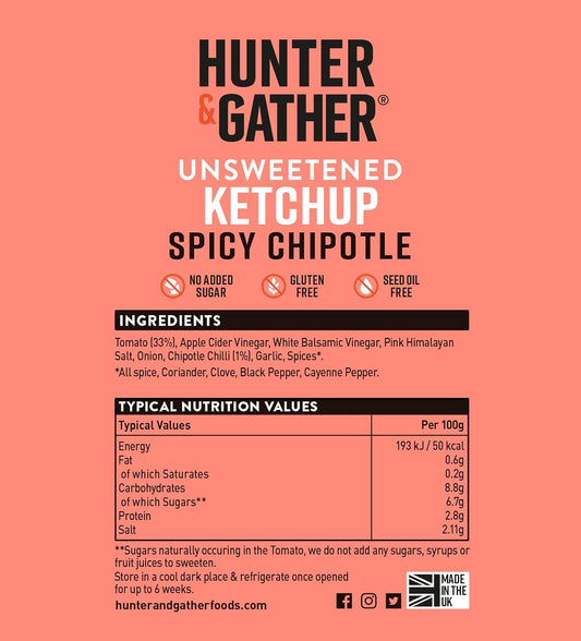 Hunter & Gather Unsweetened Spicy Ketchup Sauce | 350G Spicy Chipotle Ketchup Keto, Paleo, Low Carb & Vegan Friendly | Free From Added Sugar & Sweeteners
