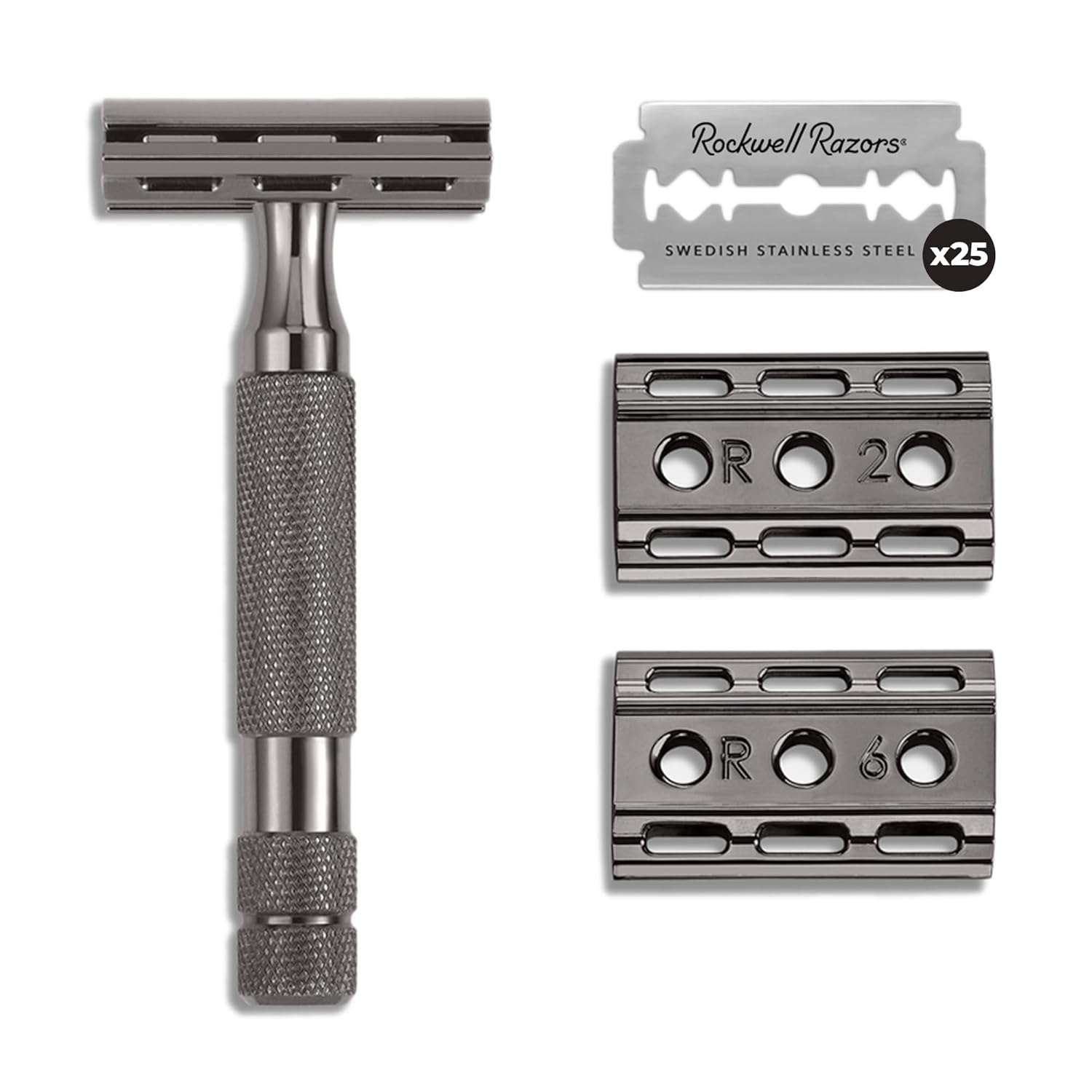 Rockwell Razors 6C Gunmetal Chrome Double-Edge Safety Razor With 6 Adjustable Shave Settings And 25 Blades