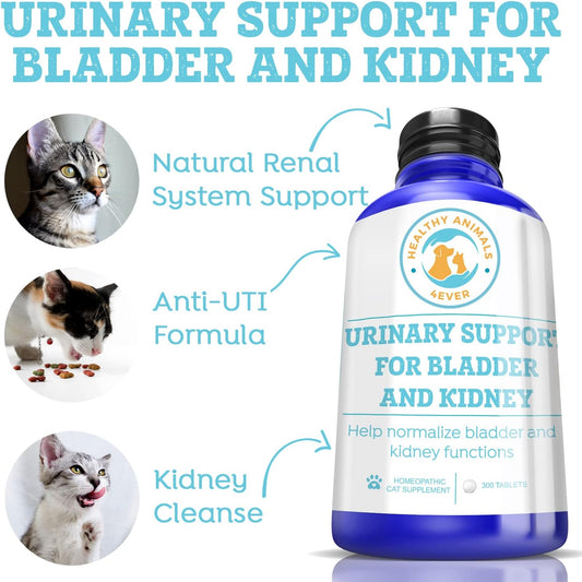 Healthy Animals 4 Ever Urinary Support for Bladder and Kidneys for Cats - for Urinary Tract Infections & Renal Cleansing - Natural, Homeopathic, Non-GMO, Organic - Preservative & Chemical Free - 300ct