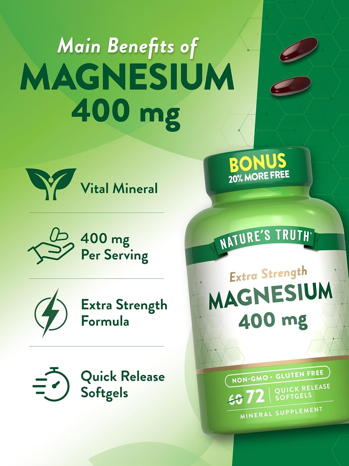 Magnesium | 400mg | 72 Softgels | Value Size | Extra Strength | from Magnesium Oxide | Non-GMO and Gluten Free Supplement | by Nature's Truth : Health & Household