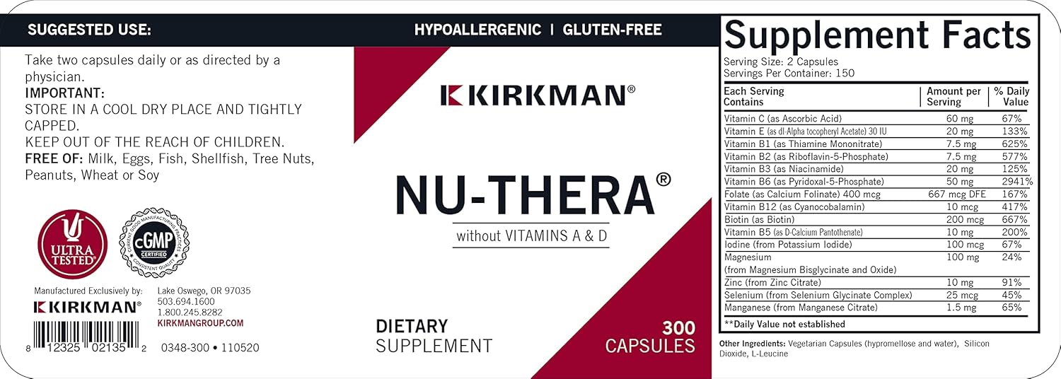 Kirkman Nu-Thera Without Vitamins A & D - Hypoallergenic | 300 Vegetarian Capsules | Multi Vitamin with Vitamin B-6 : Health & Household