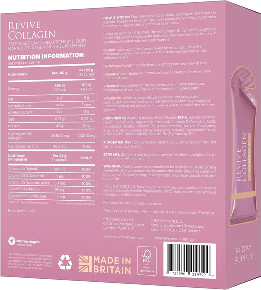Revive Collagen Enhanced Plus 10,000Mg Hydrolysed Marine Collagen Drink With Added Vitamin A & C For Healthy Skin, Hair, Nails & Joints | Tropical Flavour | 14 X Sachets