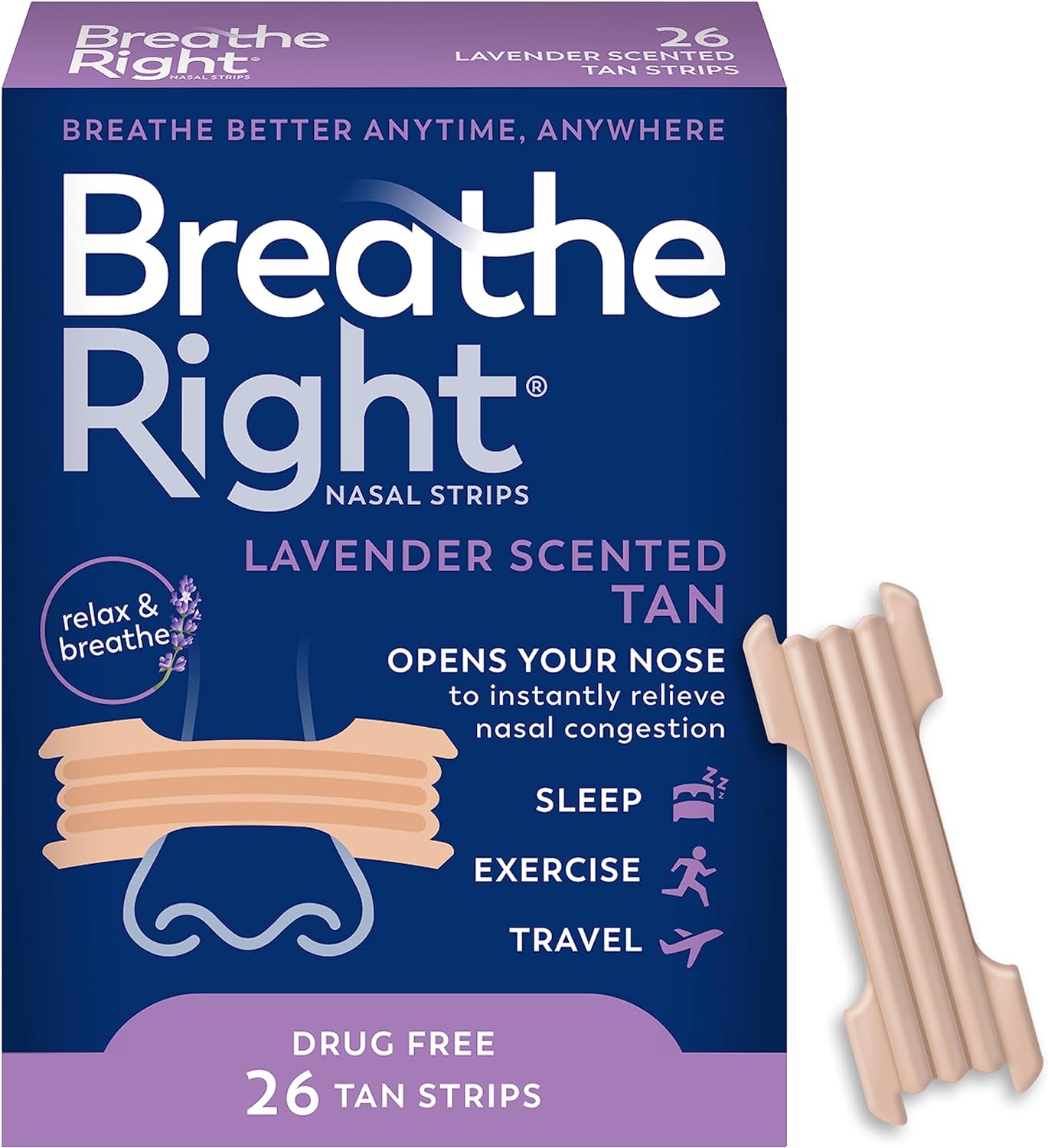 Breathe Right Nasal Strips Lavender Scent Extra Strength Tan Nasal Strips Help Stop Snoring Drug-Free Snoring Solution & Nasal Congestion Relief Caused By Colds & Allergies 26ct (packaging may vary)