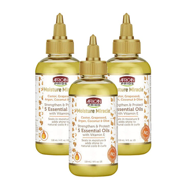 African Pride Moisture Miracle 5 Essential Oils - Contains Castor, Grapeseed, Argan, Coconut & Olive Oil, Seals in Moisture & Adds Shine, Vitamin E, 4 oz (3 Pack)