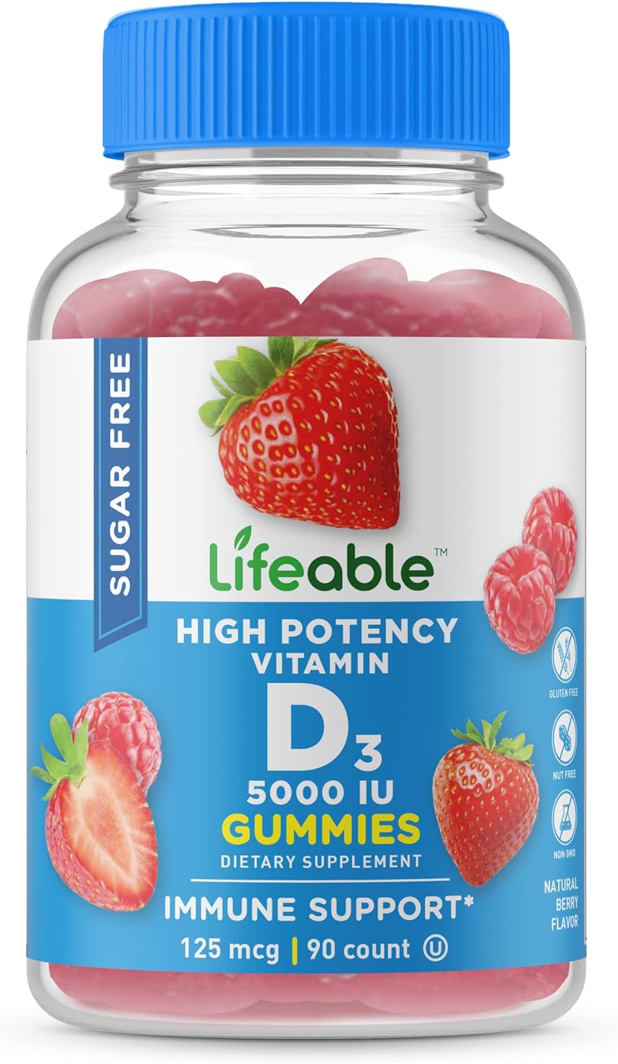 Lifeable Sugar Free Vitamin D 5000 IU - Great Tasting Natural Flavor Gummy Supplement - Gluten Free Vegetarian GMO-Free Chewable - for Immune Support and Bone Health - for Adults - 90 Gummies