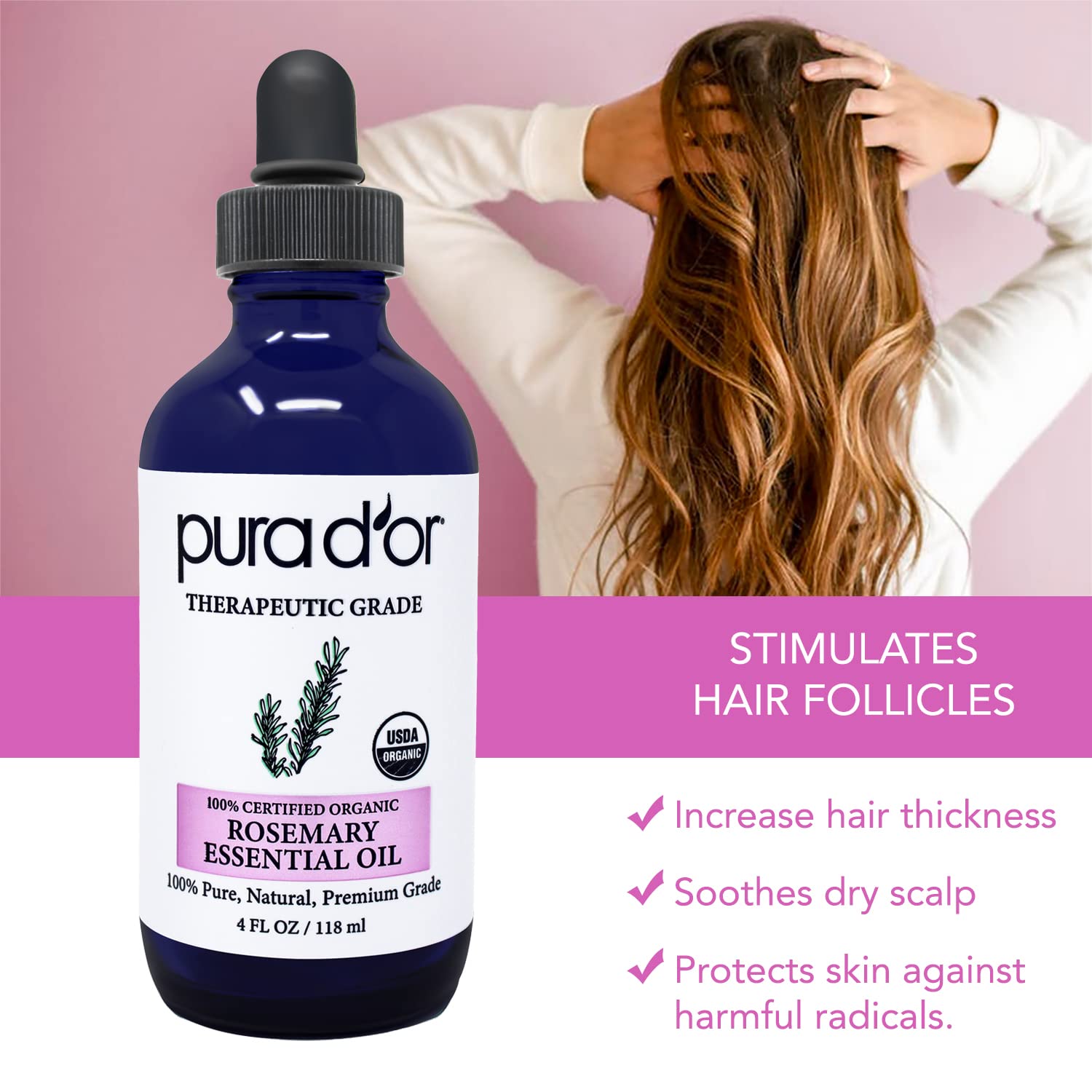 PURA D'OR Organic Rosemary Essential Oil, 4oz, Therapeutic Grade, for Hair, Body, Skin, Aromatherapy, Relaxation, Massage, Mood, Relief, Home, DIY Soap : Health & Household