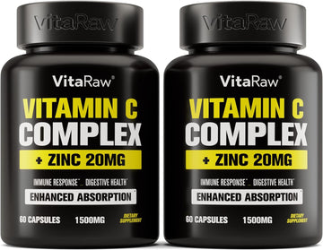 Vitamin C Supplement 2 Pack (120 Veggie Capsules) - 1500mg with Zinc 20mg - Highest Absorption Vitamin C Immune Support Complex - Vitamin C Capsules & Zinc Vitamins for Adults, Vit C Immune Help Vegan