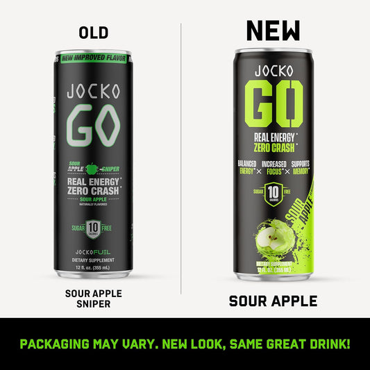 Jocko Go Energy Drink - Keto, Vitamin B12, Vitamin B6, Electrolytes, L Theanine, Magnesium- All Natural Energy Boost, Sugar Free Nootropic Monk Fruit Blend - 12 Pack (Sour Apple Flavor)