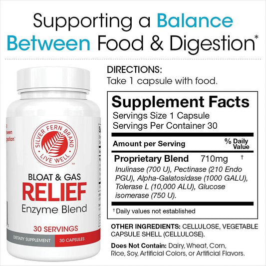 Silver Fern Bloat & Gas Relief Digestive Enzyme Blend - 2 Bottles = 60 Servings - Fodmap & Bloating Digestion Supplement With Tolerase L, Pectinase & More (2 Bottles)