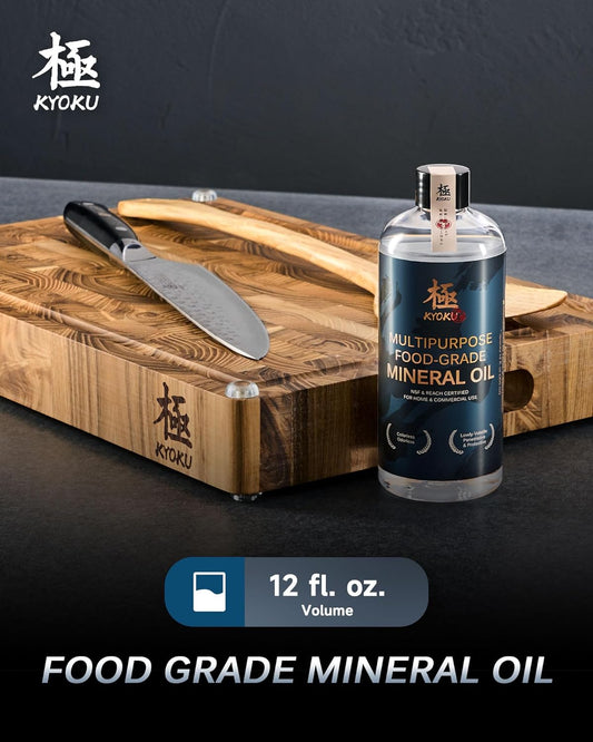 KYOKU Food Grade Mineral Oil, 12 fl. oz. Cutting Board Oil for Wooden Utensil, Teak Wood Conditioner Protects and Restores Bamboo Butcher Block Marble Countertop Stainless Steel Appliance Knife