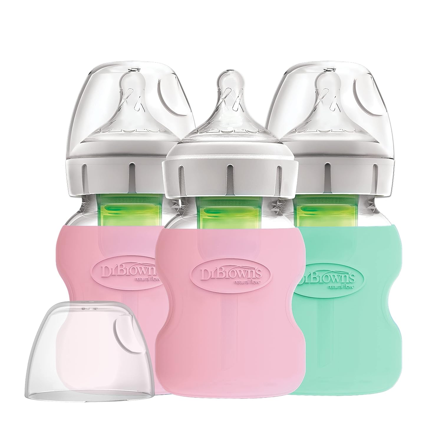 Dr. Brown's Natural Flow Options+ Glass Baby Bottle Sleeves,100% Silicone,5 oz,Wide-Neck,Mint