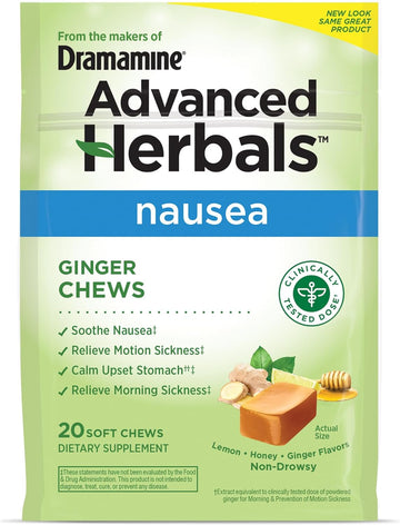 From The Makers Of Dramamine, Advanced Herbals, Ginger Chews, Nausea Relief Soft Chews Lemon-Honey-Ginger, 20 Count