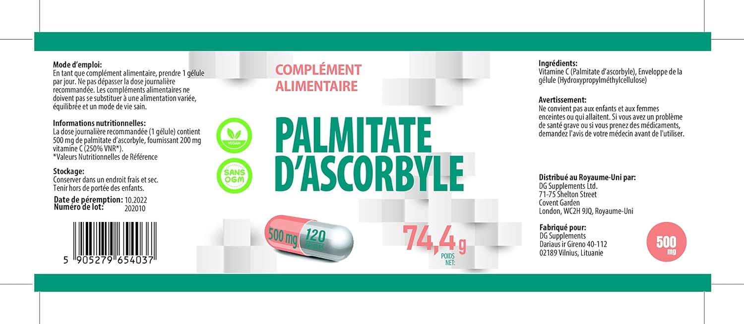 Ascorbyl Palmitate 500mg 120 Vegan Capsules, 3rd Party Lab Tested, High Strength Supplement, No Fillers or Bulkers, Gluten and GMO Free