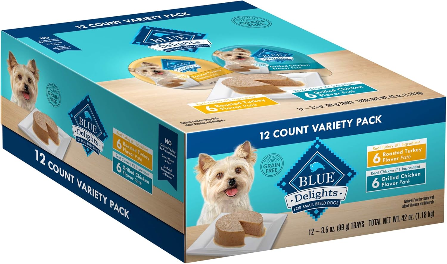 Blue Buffalo Delights Small Breed Natural Wet Dog Food Variety Pack, Roasted Turkey Paté And Grilled Chicken Paté, 3.5-Oz. Cups, 12 Count