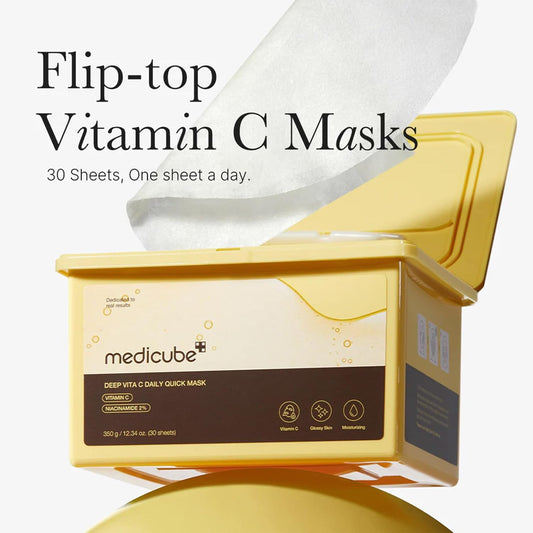 Medicube Deep Vita C Daily Quick 30 Sheet Masks - Vegan Certified, Quick Dispenser, Triple Vitamin Complex For Radiance And Hydration - Korean Face Masks