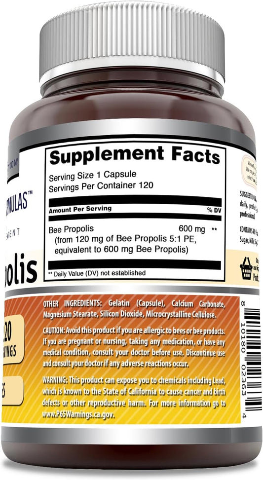 Amazing Formulas Bee Propolis Supplement | 600 Mg Per Serving | 120 Capsules | Non-GMO | Gluten Free | Made in USA