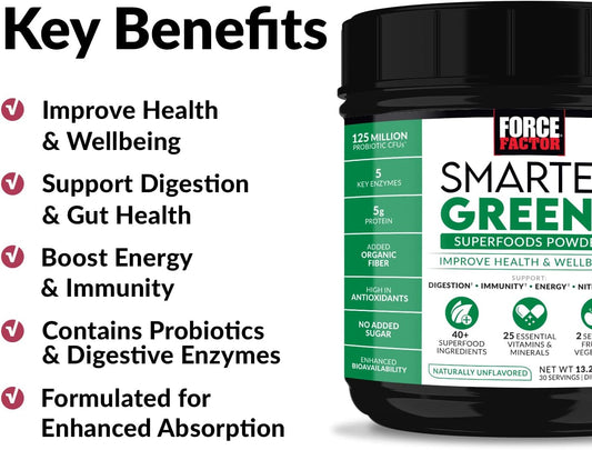 FORCE FACTOR Smarter Greens Superfoods Powder, Greens Powder with Probiotics, Digestive Enzymes, Antioxidants, and Fiber, Superfood Powder to Support Digestion, Immunity, and Energy, 30 Servings