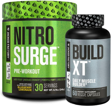 Jacked Factory Nitrosurge Pre-Workout In Blueberry Lemonade & Build Xt Muscle Building Bundle For Men & Women