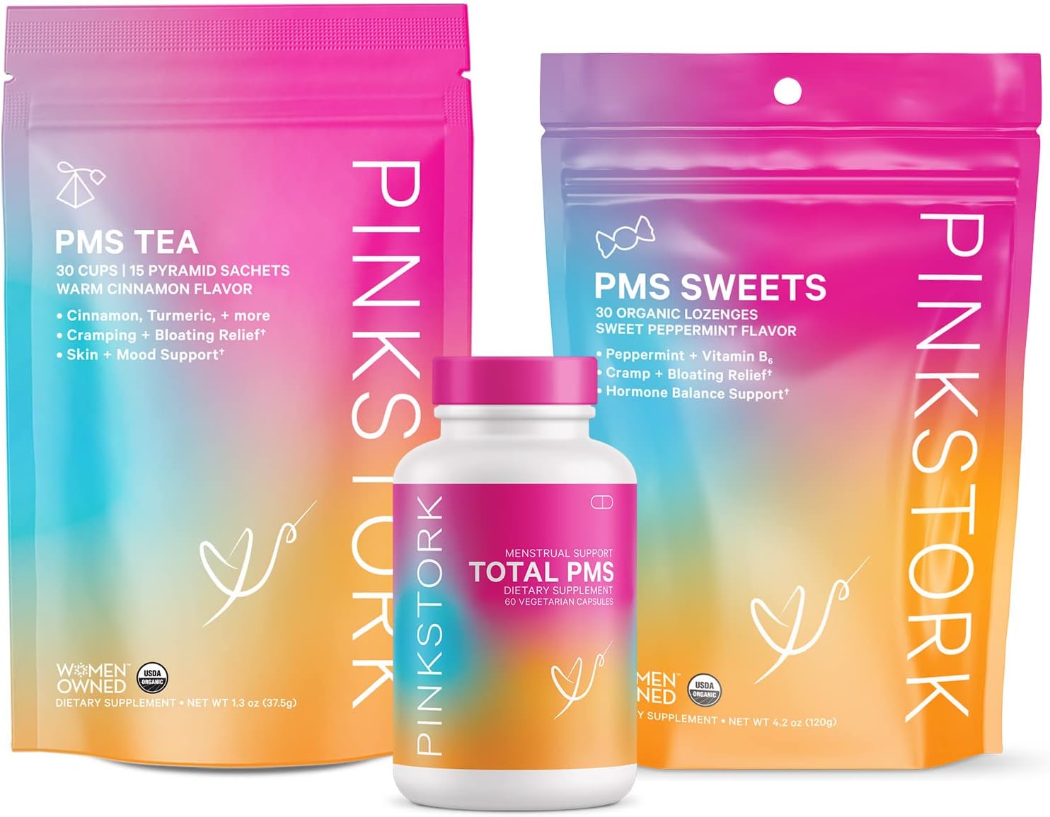 Pink Stork Pms Support Trio: Period Support Supplements, Pms Tea, Peppermint Sweets, Menstrual Support, First Period Kit, Hormone Balance For Healthy Menstrual Cycle, Women-Owned