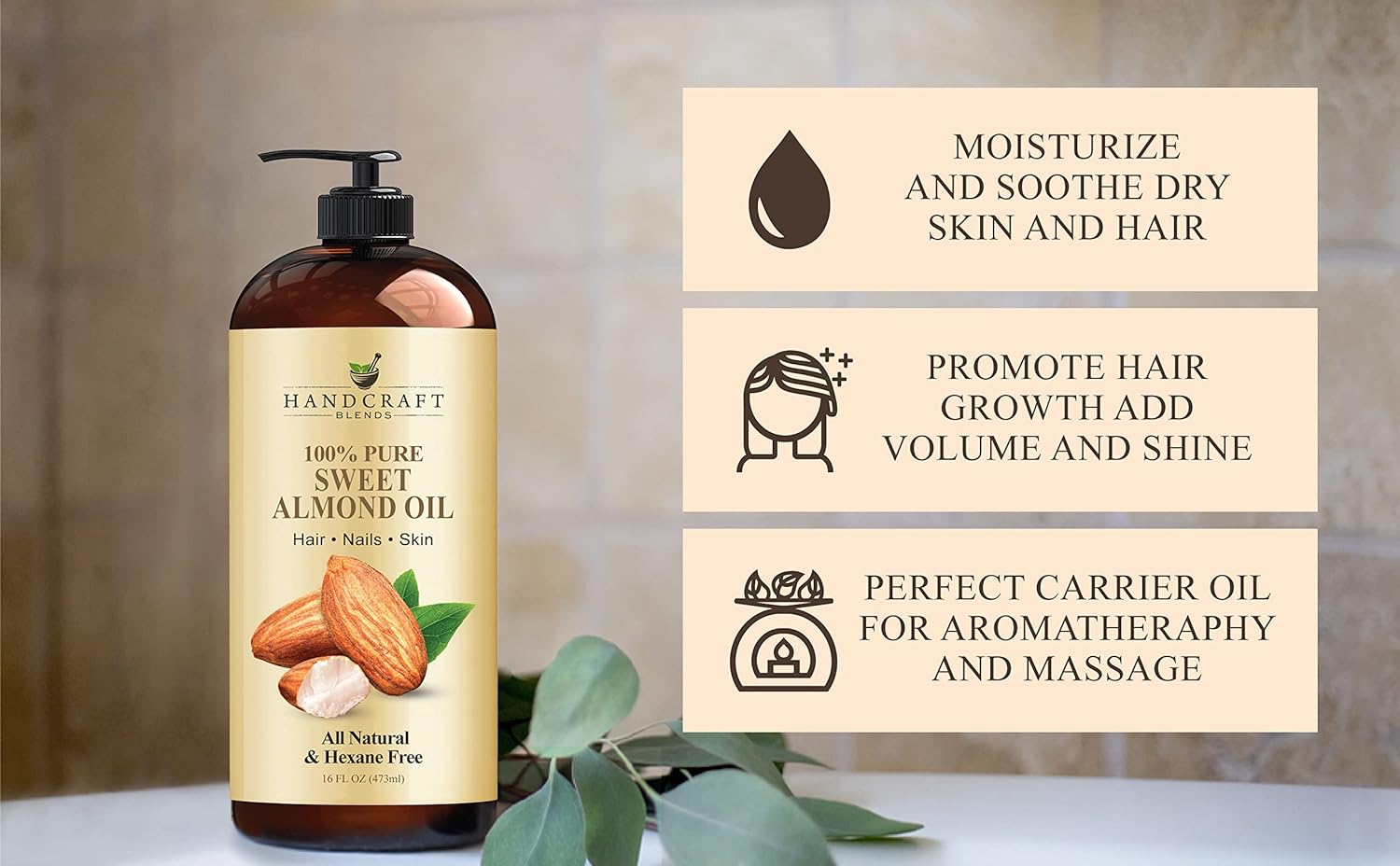 Handcraft Blends Sweet Almond Oil - 16 Fl Oz - 100% Pure and Natural - Premium Grade Oil for Skin and Hair - Carrier Oil - Hair and Body Oil - Massage Oil - Hexane-Free : Health & Household