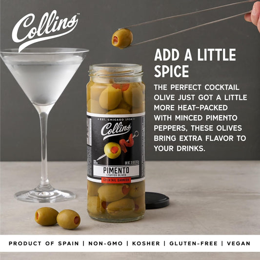Collins Colossal Martini Pimento Olives | Premium Garnish for Cocktails, Martinis, and Salads, Snack Trays, Charcuterie, Cheese Plates, Condiment Olives 10oz