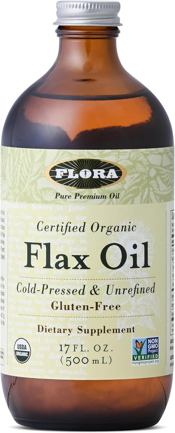 Flora Certified Organic Flax Seed Oil - Cold Pressed & Unrefined - Non-Gmo, Gluten-Free, Kosher Omega Flax Oil Blend - Essential Fatty Acids For Wellness - Amber Glass Bottle - 17 Oz