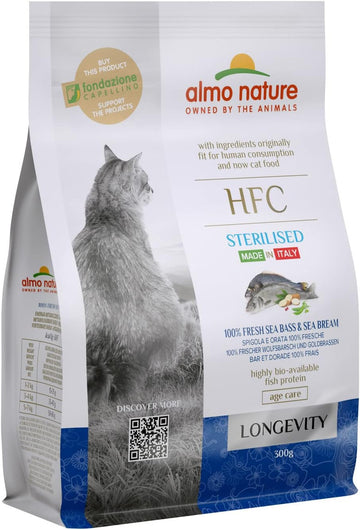 Almo Nature HFC Longevity Sterilized Sea ?Bass and Sea Bream Complete Dry Cat food for Senior Neuteured Cats with 100% HFC Fresh Sea ?Bass and Sea Bream. 300g?70688