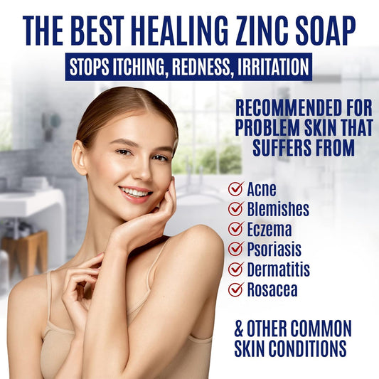 Pyrithione Zinc Soap Bar For Face & Body, 4Oz | Medicated 2% Znp Bar Soap Skin Therapy Cleanser For Acne, Rosacea, Eczema, Dermatitis, Psoriasis, Itching | Cleansing, Calming Facial Wash Made In Usa