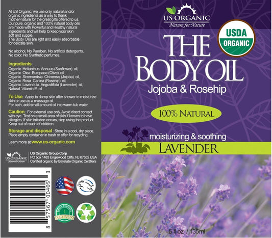 US Organic Body Oil - Elegant Lavender - Jojoba and Rosehip Oil with Vitamin E, Certified Organic, No Alcohol, Paraben, Artificial Detergents, Color or Synthetic perfumes, 5 Fl.oz. (Lavender)