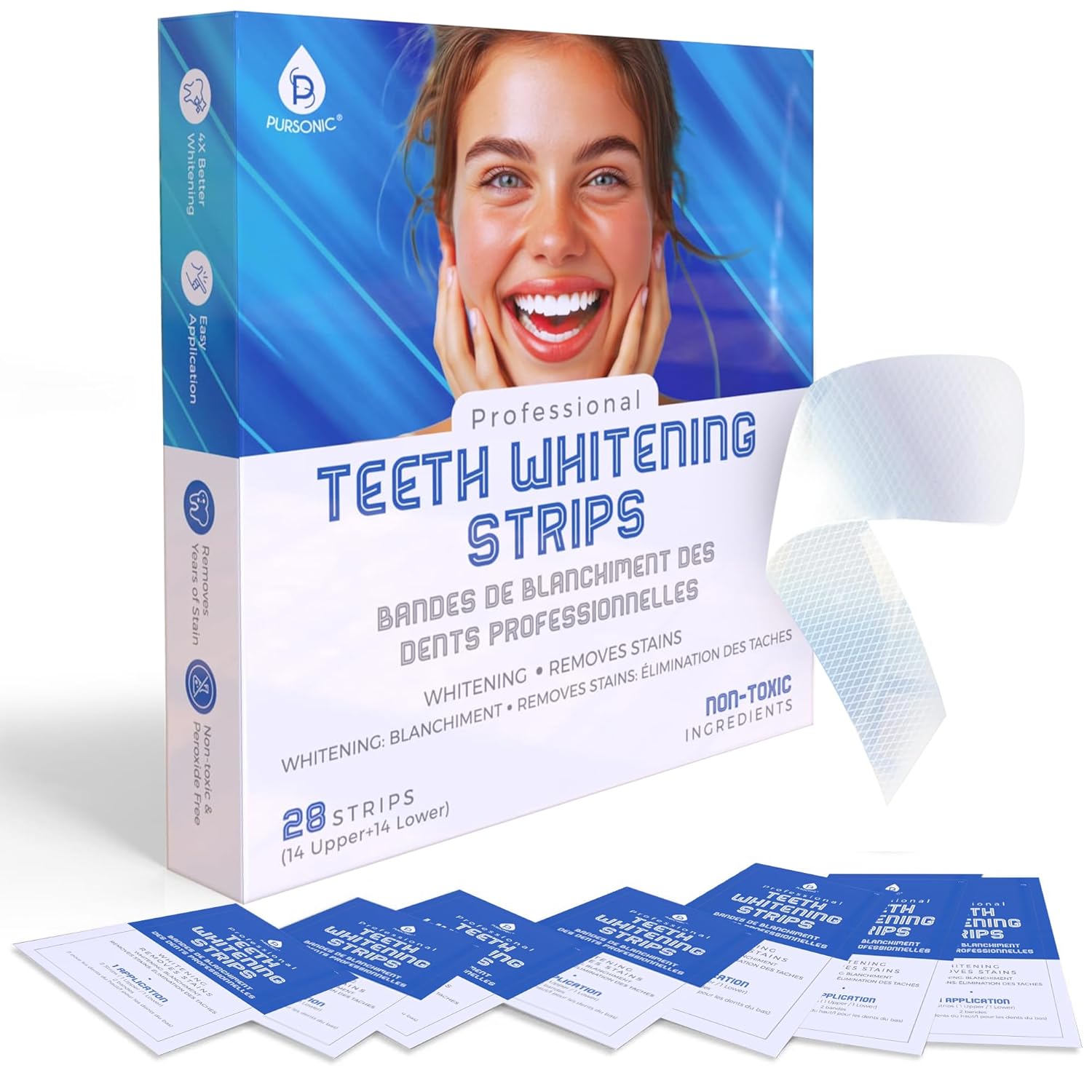 Pursonic Teeth Whitening Strips (28 Strips) - Non-Toxic & Peroxide-Free - Professional Instant Teeth Whitening At Home To Remove Coffee, Smoking, & Wine Stains
