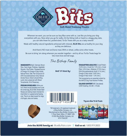 Blue Buffalo Blue Bits Natural Soft-Moist Training Dog Treats To-Go, Beef Recipe 1-Oz Bags (Pack Of 12)