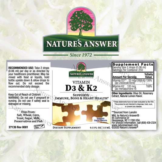 Nature's Answer Vitamin D3 and K2 Liquid Extract Oral Drops Two in one Support Supports Immune, Bone and Heart Health 0.5 fl oz - 15 ml