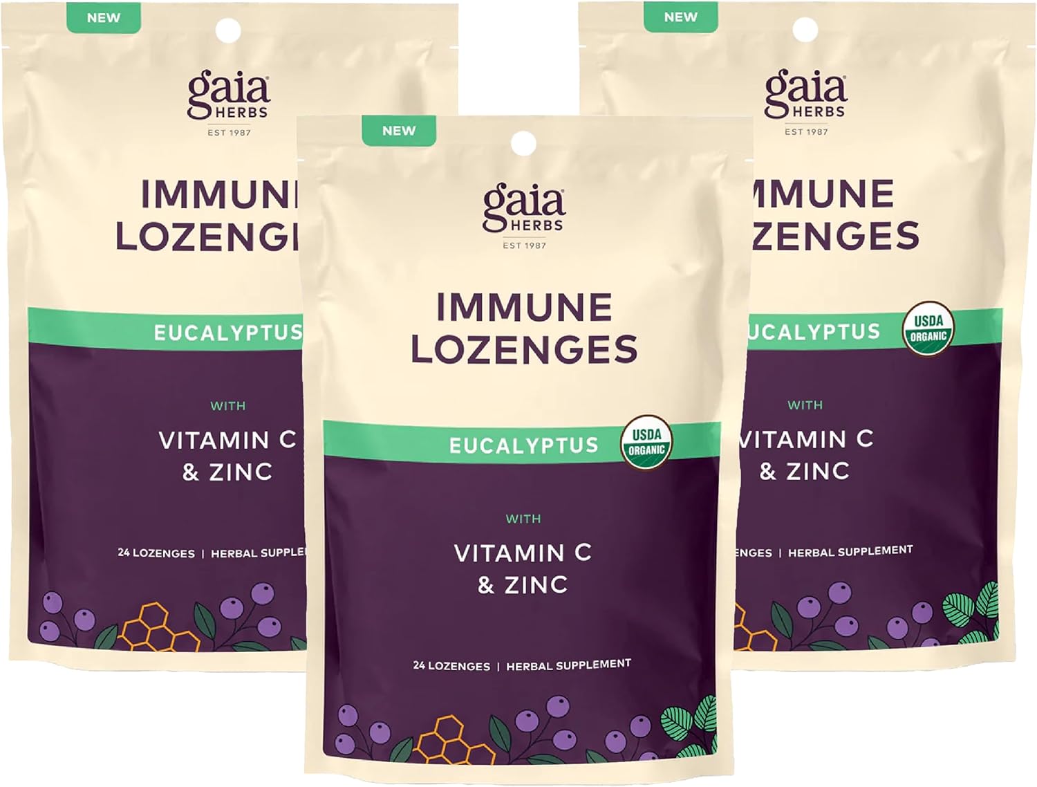 Gaia Herbs Immune Lozenges - Immune Support Lozenges - Usda Certified Organic - Vitamin C, Zinc - Eucalyptus Flavor - 3 Pack, 72 Lozenges