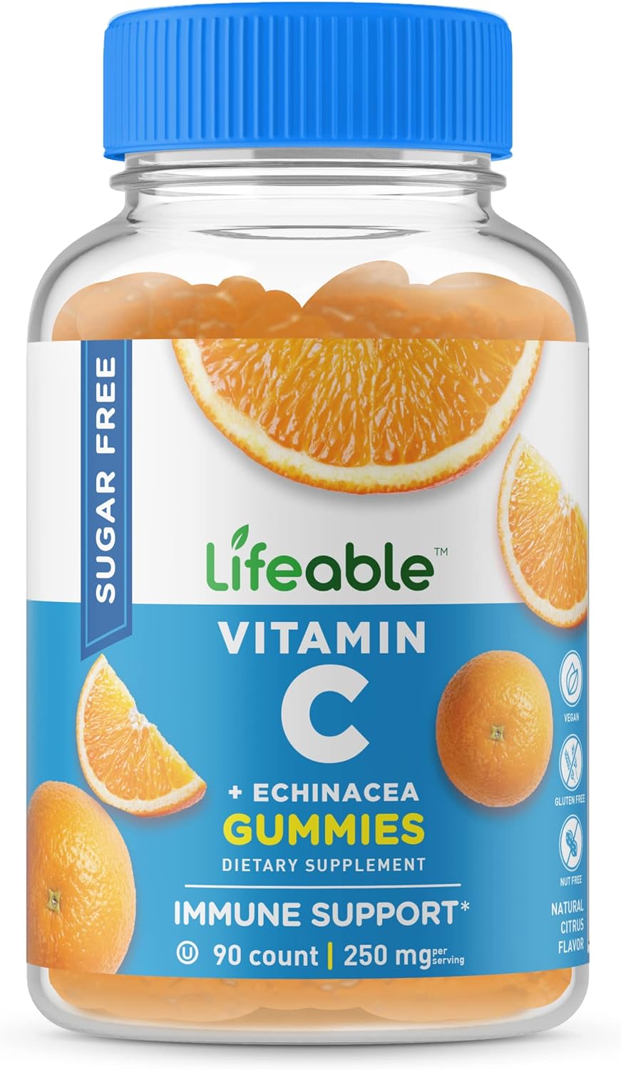 Lifeable Sugar Free Vitamin C ? 250 mg ? with Echinacea ? Great Tasting Natural Flavor Gummy Supplement ? Vegetarian GMO-Free Chewable Vitamins ? for Immune Support ? for Adults ? 90 Gummies