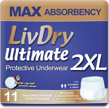 LivDry Ultimate XXL Adult Incontinence Underwear, High Absorbency, Leak Cuff Protection, XX-Large, 11-Pack