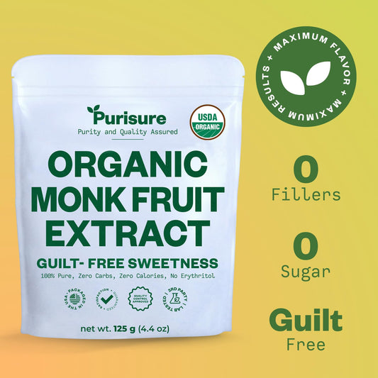 Purisure Organic Monk Fruit Extract, 125G, 400 Servings, Organic Pure Monk Fruit Sweetener Without Erythritol, Non-Glycemic, Zero-Calorie, Zero-Carb, Powdered Monkfruit Sweetener For Keto And Paleo